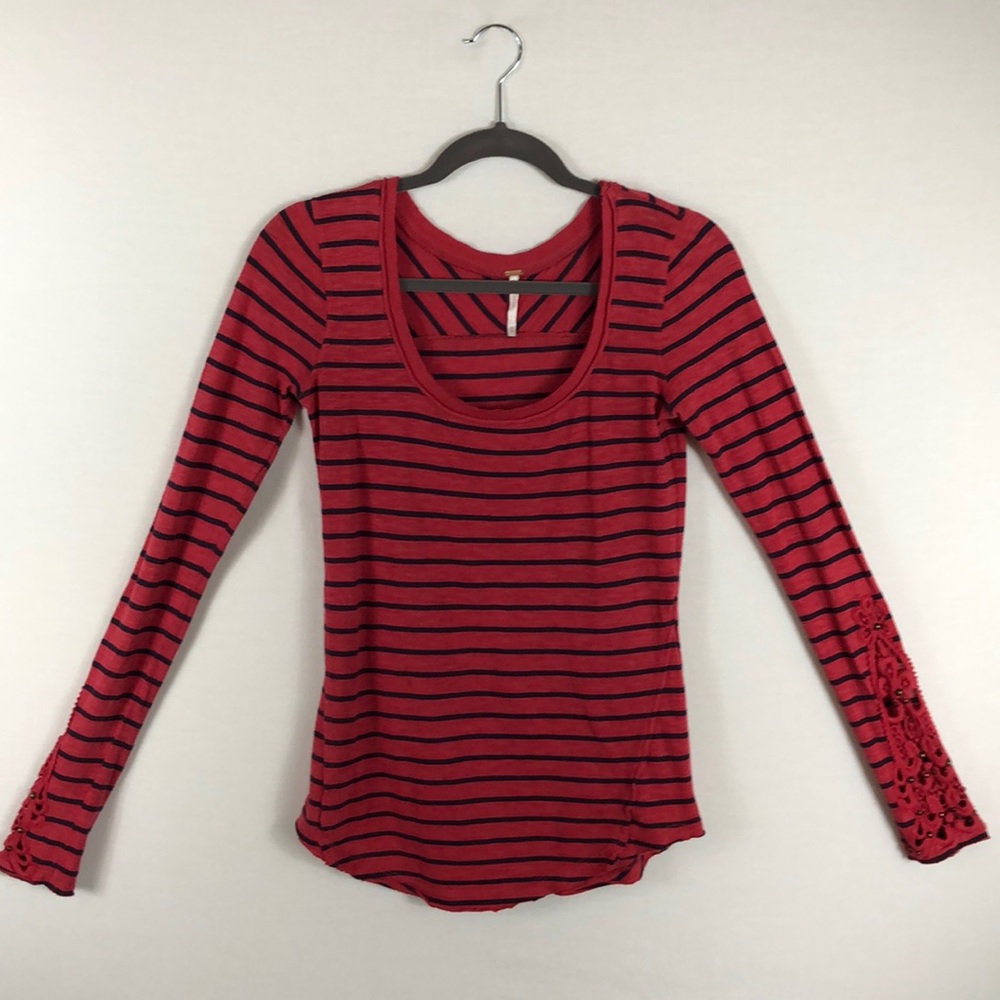 Free People Red & Black Striped Long Sleeved Top